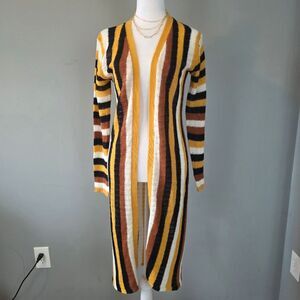 Striped Open-Front Long Cardigan Sweater. Orange Yellow Black White. Size Small.